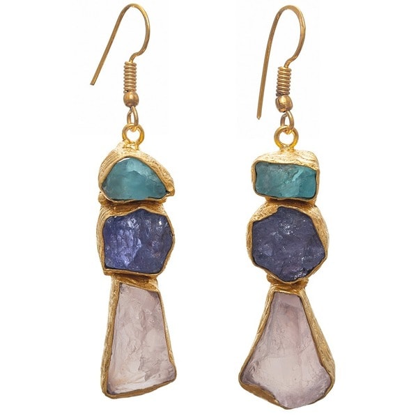 Handmade Aqua, Tanzanite, Rose Quartz Gold Overlay Earrings (India)