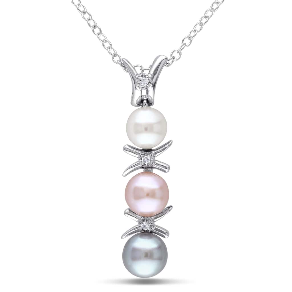 Miadora Sterling Silver Cultured Freshwater Pearl and Diamond Accent Drop Necklace (4.5-6 mm)
