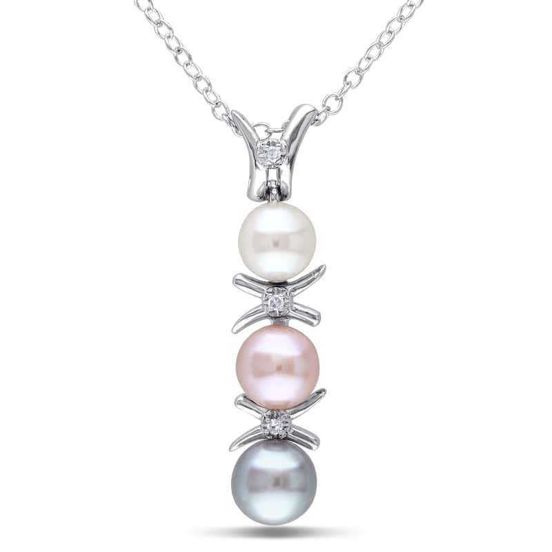 Miadora Sterling Silver Cultured Freshwater Pearl and Diamond Accent Drop Necklace (4.5-6 mm)