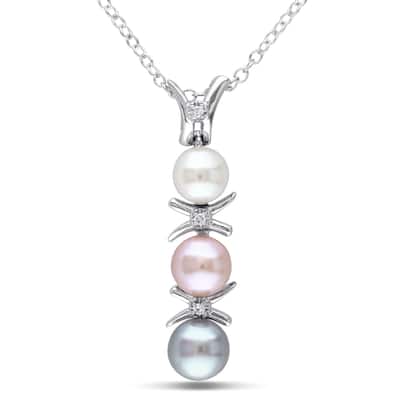 Miadora Sterling Silver Cultured Freshwater Pearl and Diamond Accent Drop Necklace (4.5-6 mm)