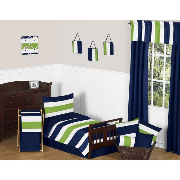 Navy Blue Lime Green Stripe Boy S 5 Piece Toddler Bedding Comforter Sheet Set