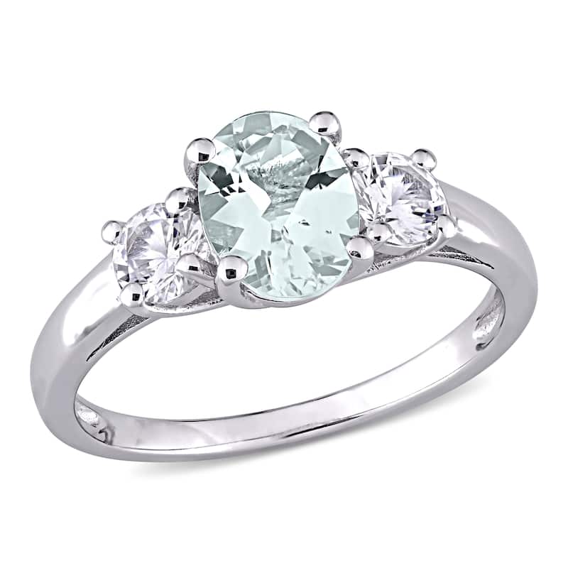Miadora Sterling Silver Aquamarine and Created White Sapphire 3-stone Ring