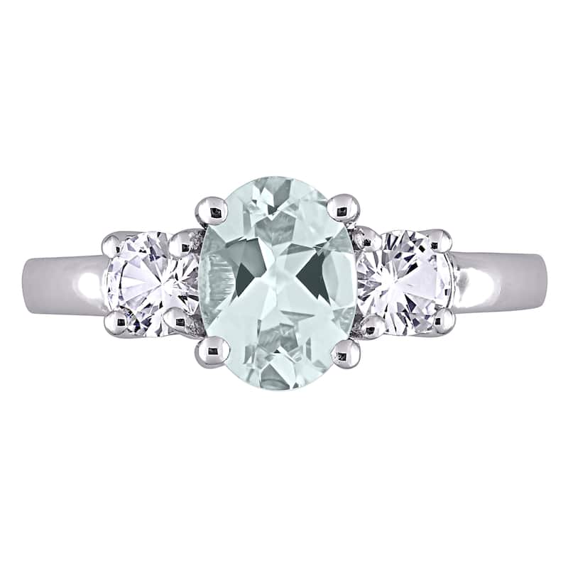 Miadora Sterling Silver Aquamarine and Created White Sapphire 3-stone Ring