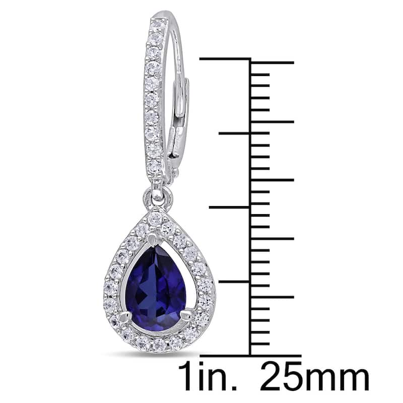 Miadora Sterling Silver Pear-cut Created Blue and White Sapphire Teardrop Halo Birthstone Leverback Earrings