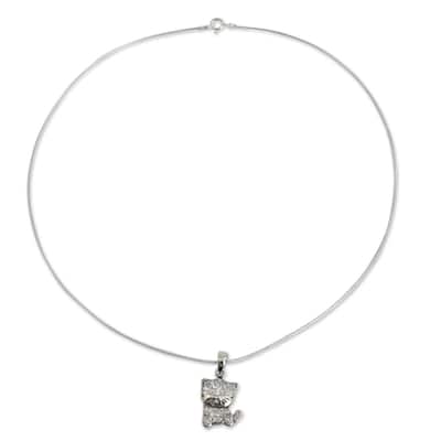 Handmade Sterling Silver Filigree Kitten Pendant Necklace (Thailand) - 7'6" x 9'6" - 7'6" x 9'6"