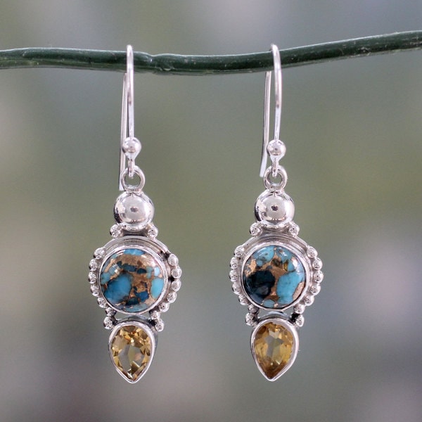 Sterling Silver Summer Sunset Citrine Turquoise Earrings (India