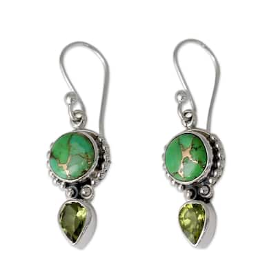 Handmade Sterling Silver Spring Green Peridot and Composite Turquoise Earrings (India) - 1.6*0.5