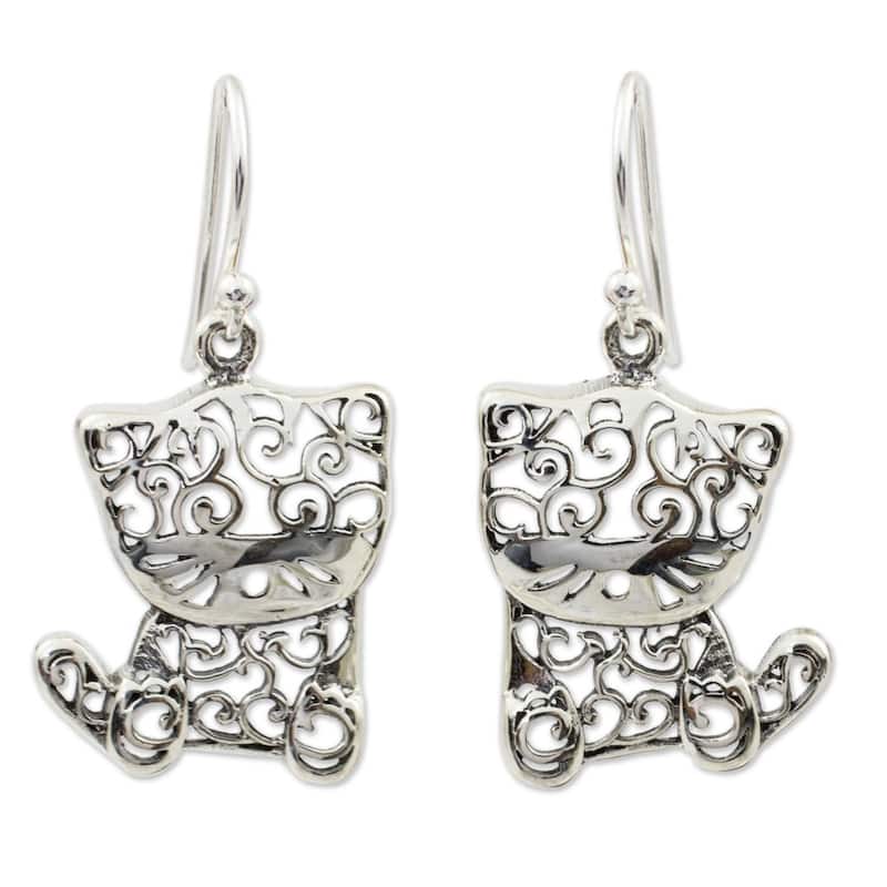 Handmade Sterling Silver Filigree Kitten Dangling Style Earrings (Thailand)