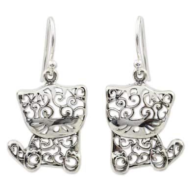 Handmade Sterling Silver Filigree Kitten Dangling Style Earrings (Thailand)