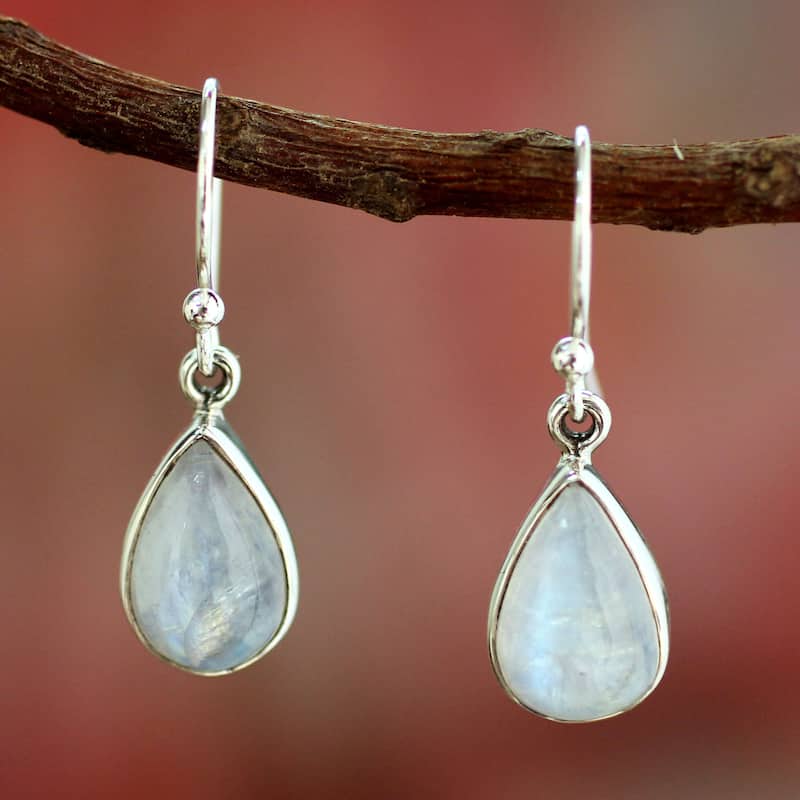 Handmade Sterling Silver Luminous Light Moonstone Dangling Earrings (India)
