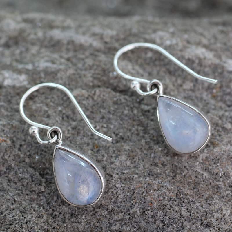Handmade Sterling Silver Luminous Light Moonstone Dangling Earrings (India)