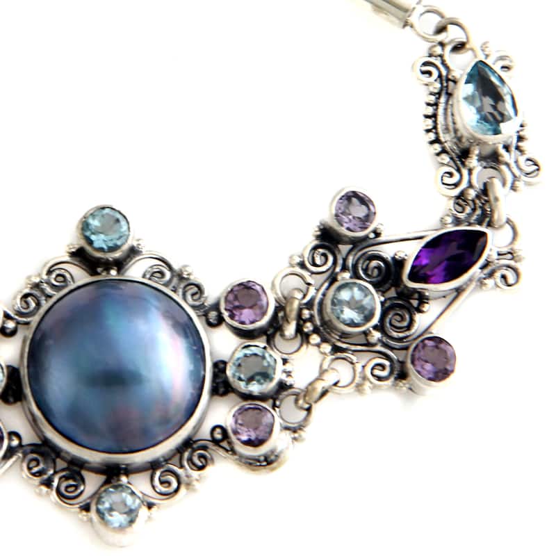 Goddess Petals Handmade Vintage Women's Sterling Silver Pearl Purple Amethyst Blue Topaz Gemstone Jewelry Bracelet (Indonesia)