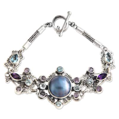 Goddess Petals Handmade Vintage Women's Sterling Silver Pearl Purple Amethyst Blue Topaz Gemstone Jewelry Bracelet (Indonesia)