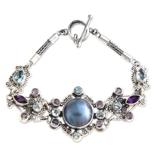 Goddess Petals Handmade Vintage Women's Sterling Silver Pearl Purple Amethyst Blue Topaz Gemstone Jewelry Bracelet (Indonesia)