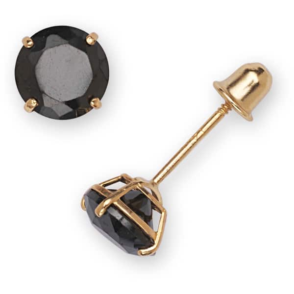 Curata 14k Gold Black 6mm Round Cubic Zirconia Stud Screw Back Earrings - Yellow