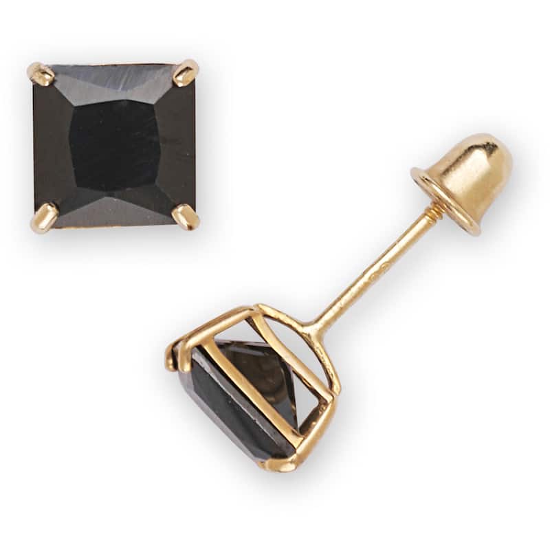 Curata 14k Gold Princess-cut 6mm Black Cubic Zirconia Stud Screw Back Earrings - Yellow