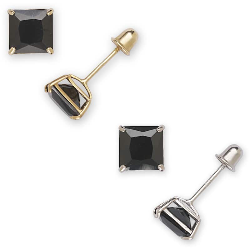 Curata 14k Gold Princess-cut 6mm Black Cubic Zirconia Stud Screw Back Earrings - White