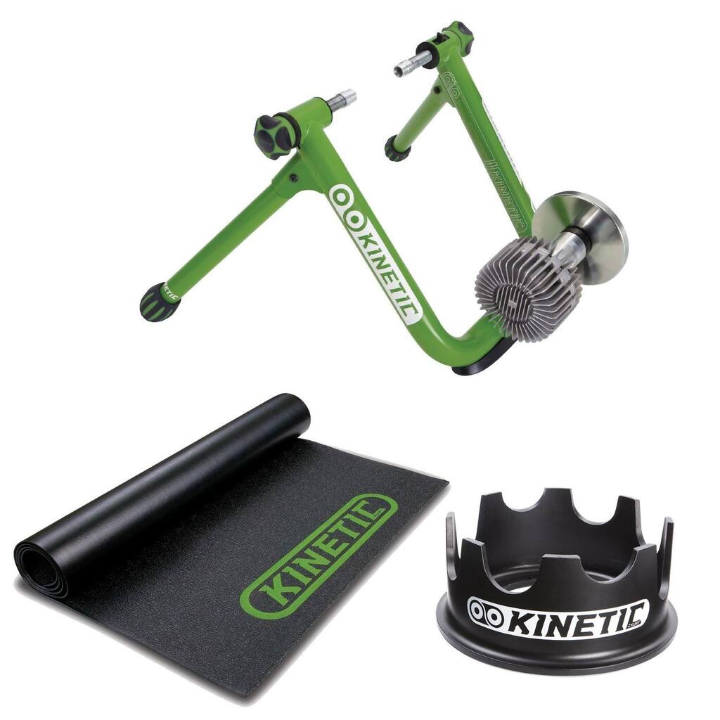 Kinetic T-2200 New Road Machine 2.0 Fluid Trainer + Kinetic Rubber Bicycle Trainer Floor Mat + Kinetic Fixed Riser Ring
