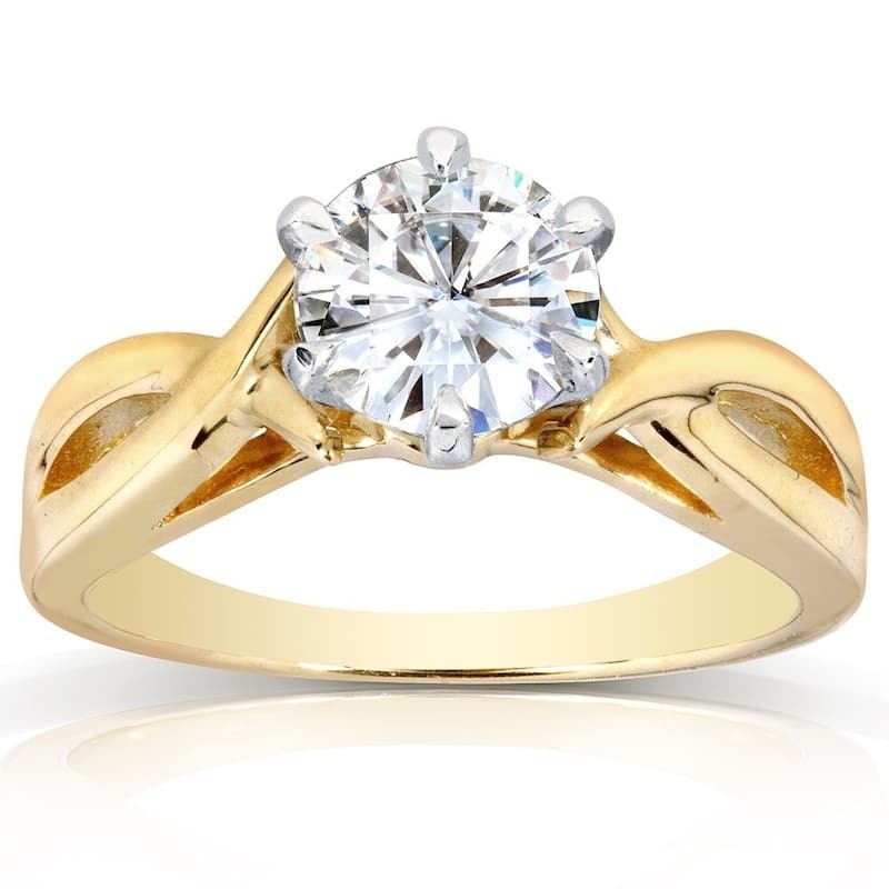 Annello by Kobelli 14k Yellow Gold 1 Carat 6-prong Round Moissanite Solitaire Crossover Engagement Ring