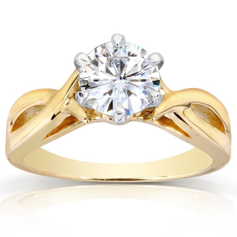Annello by Kobelli 14k Yellow Gold 1 Carat 6-prong Round Moissanite Solitaire Crossover Engagement Ring
