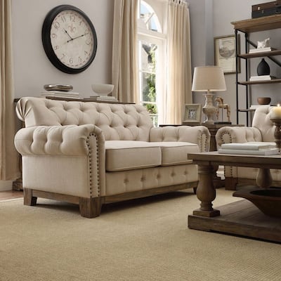Greenwich Tufted Rolled Arm Nailhead Beige Chesterfield Loveseat by iNSPIRE Q Artisan
