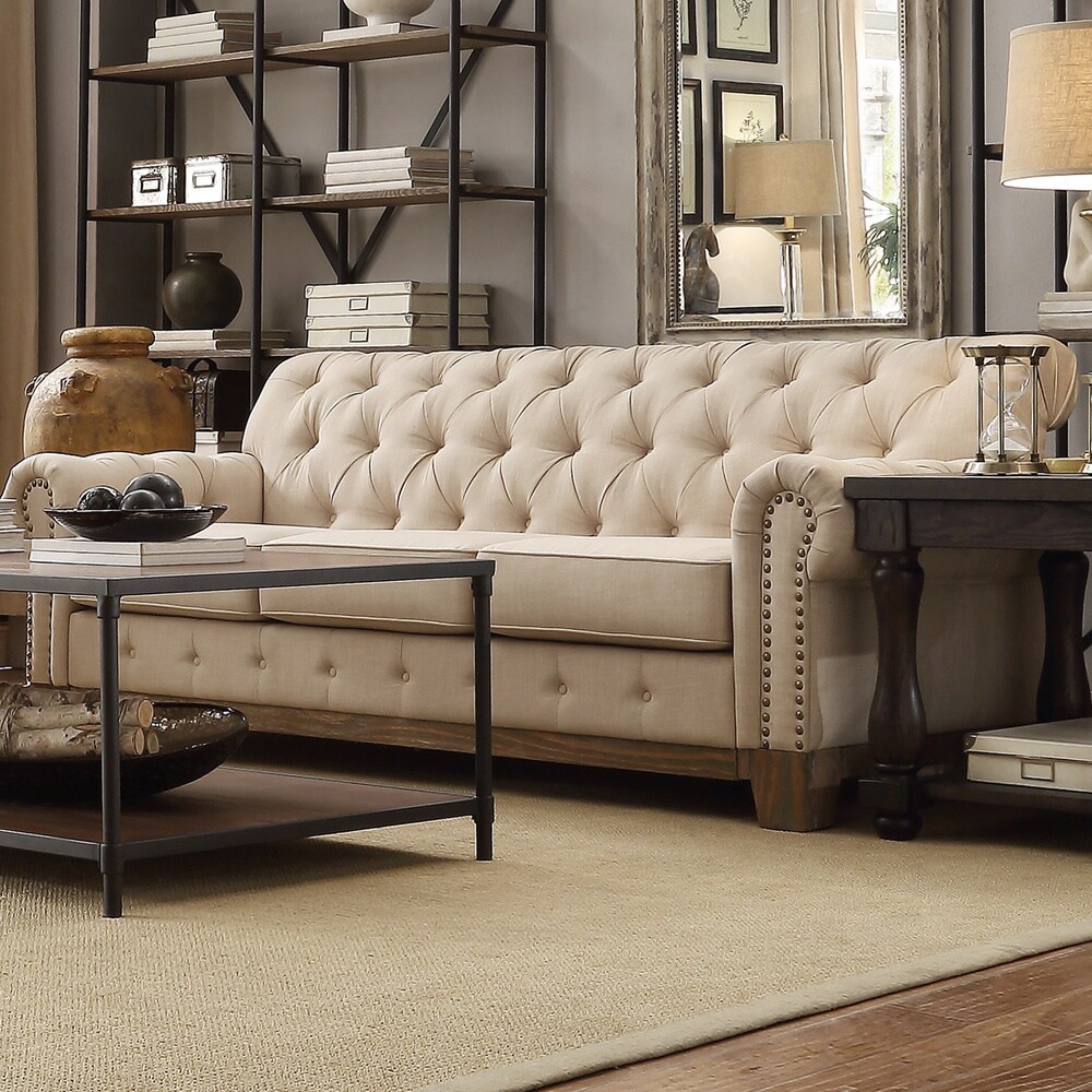 Greenwich Tufted Scroll Arm Nailhead Beige Chesterfield Sofa Greenwich Tufted Scroll Arm