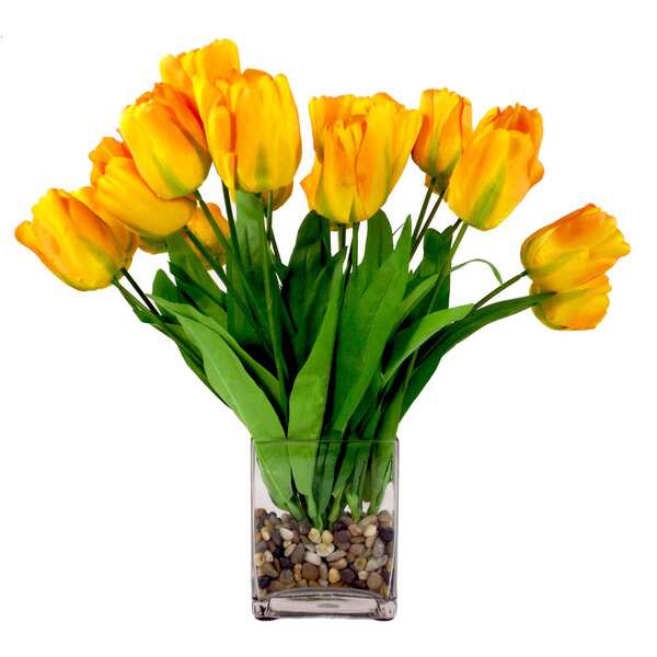 Orange Tulip Bouquet in River Rock Filled Glass Cube