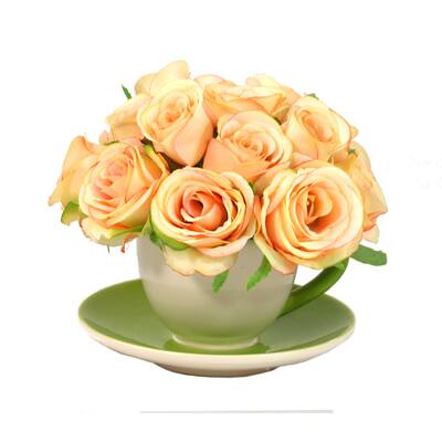 Handcrafted Peach Rose Bouquet in Ceramic Teacup Vase