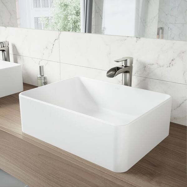 VIGO Amaryllis Handmade Matte Stone Rectangle Vessel Bathroom Sink in Matte White