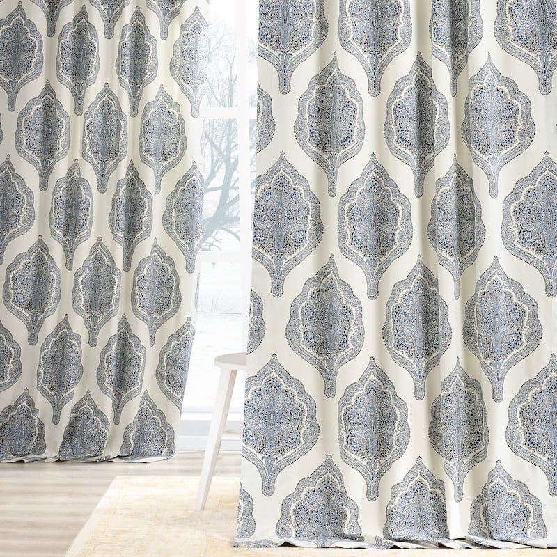 Exclusive Fabrics Arabesque Printed Cotton Twill Curtain (1 Panel) - 50 X 84 - arabesque blue