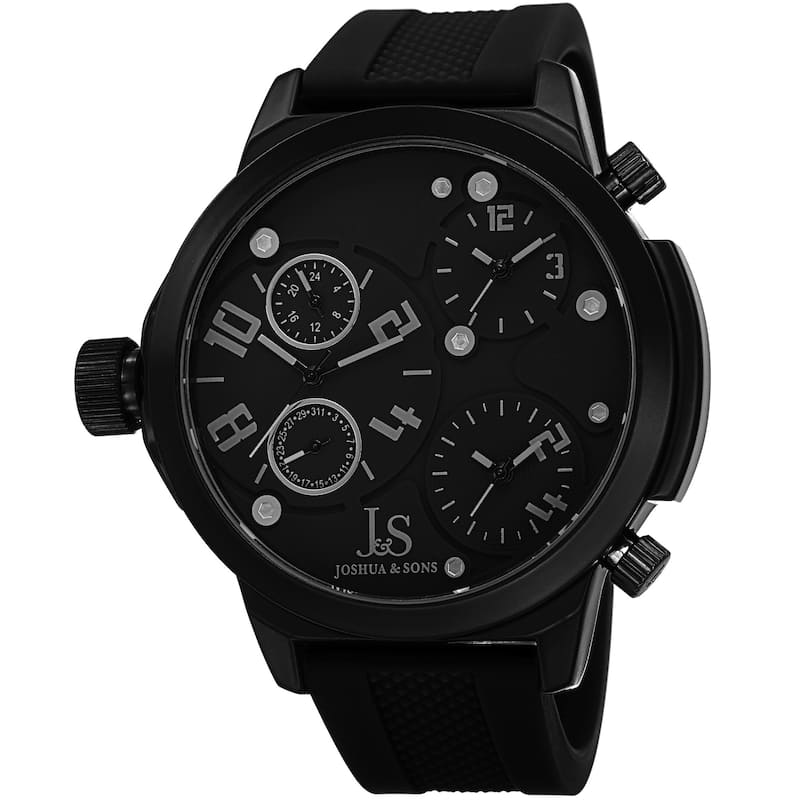 Joshua & Sons Men's Quartz Triple Time Zone Rubber Black Strap Watch