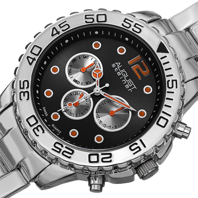 August Steiner Men's Swiss Quartz Colored Dial Dual Time Zone Silver-Tone Bracelet Watch