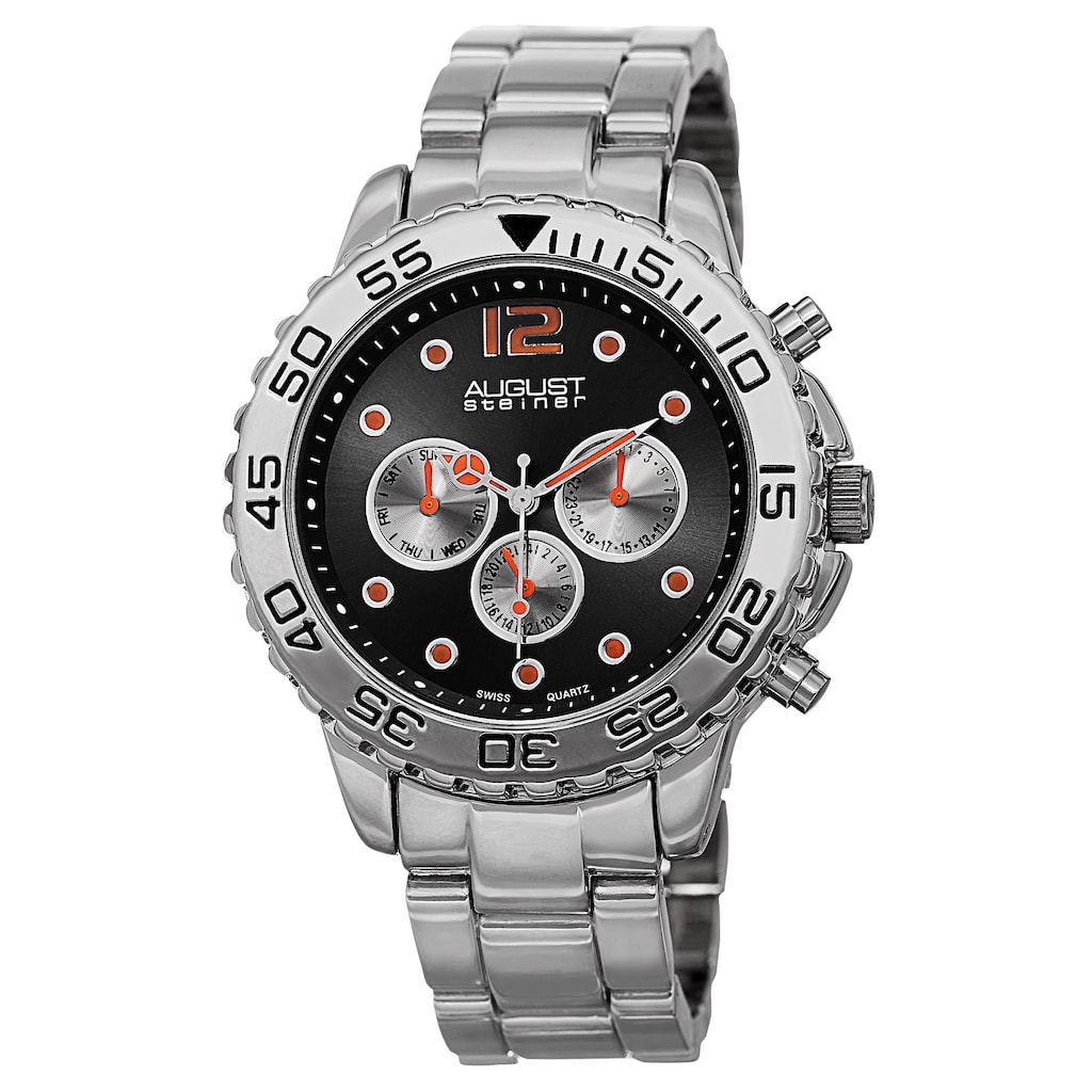 August Steiner Men's Swiss Quartz Colored Dial Dual Time Zone Silver-Tone Bracelet Watch