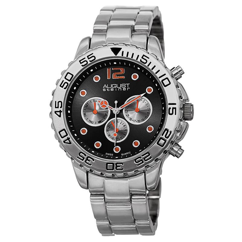 August Steiner Men's Swiss Quartz Colored Dial Dual Time Zone Silver-Tone Bracelet Watch