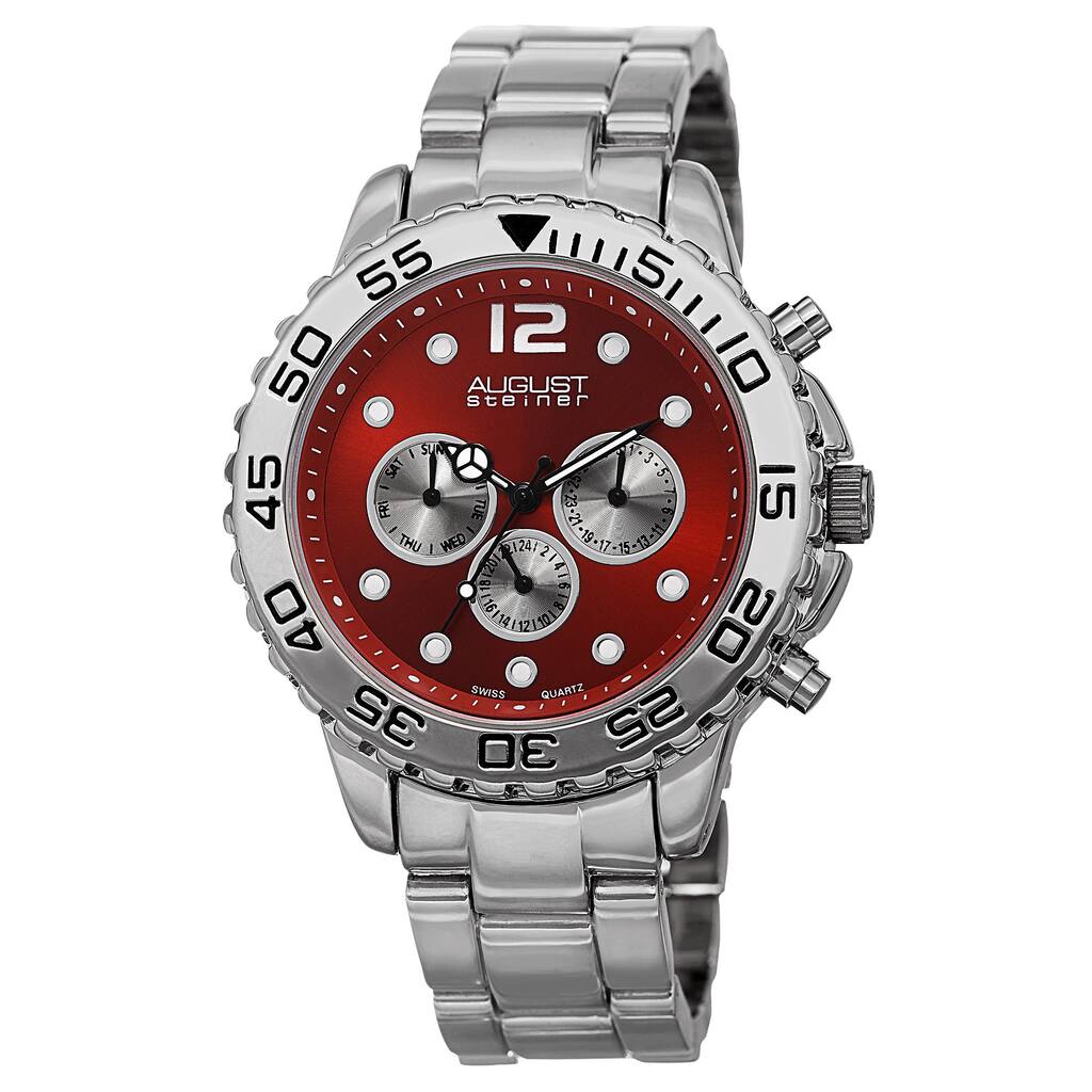 August Steiner Men's Swiss Quartz Colored Dial Dual Time Zone Bracelet Watch