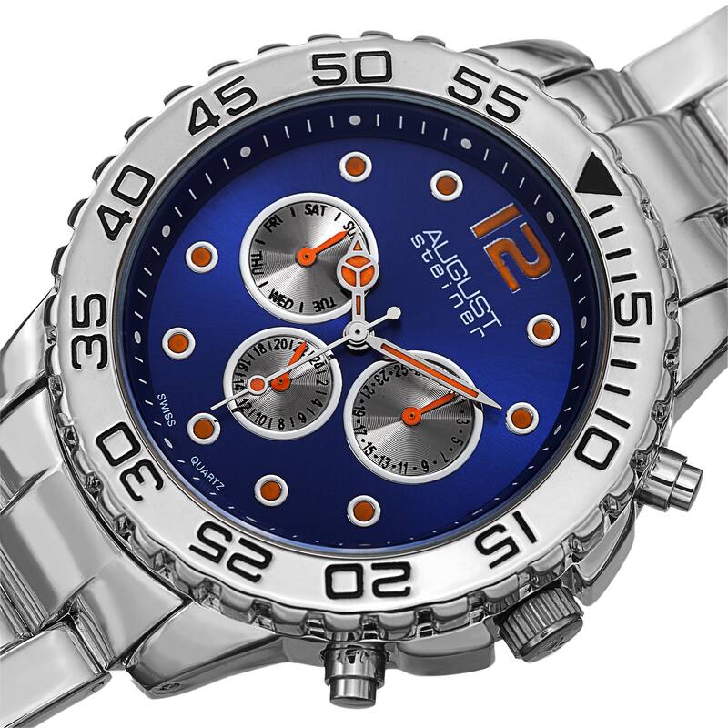 August Steiner Men's Swiss Quartz Colored Dial Dual Time Zone Blue Bracelet Watch
