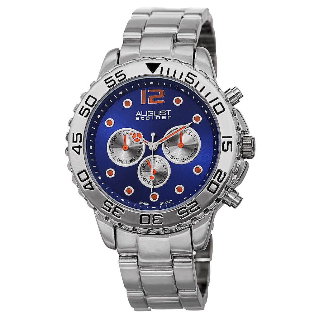August Steiner Men's Swiss Quartz Colored Dial Dual Time Zone Blue Bracelet Watch