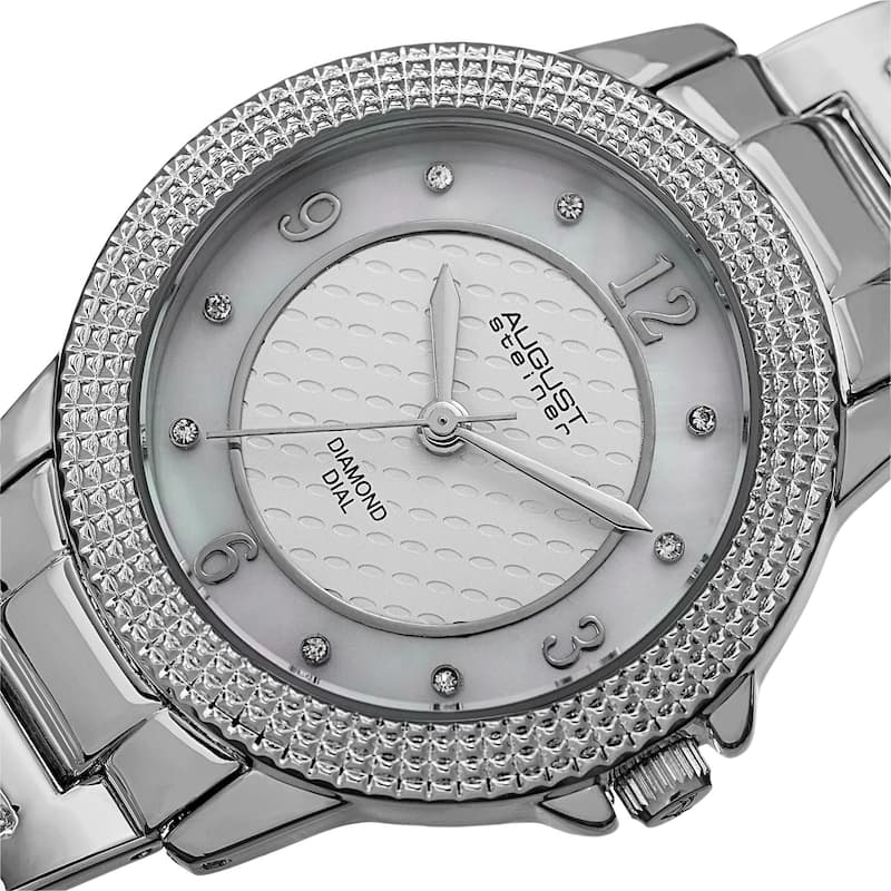 August Steiner Women's Quartz Diamond Markers Dial Silver-Tone Bracelet Watch