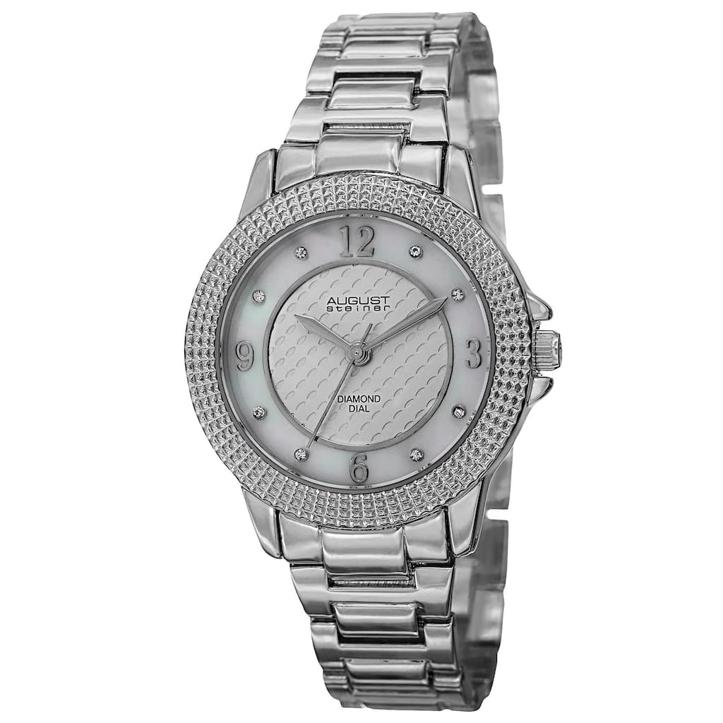 August Steiner Women's Quartz Diamond Markers Dial Silver-Tone Bracelet Watch