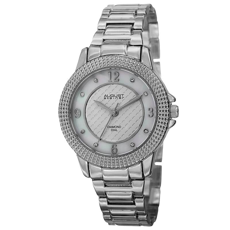 August Steiner Women's Quartz Diamond Markers Dial Silver-Tone Bracelet Watch