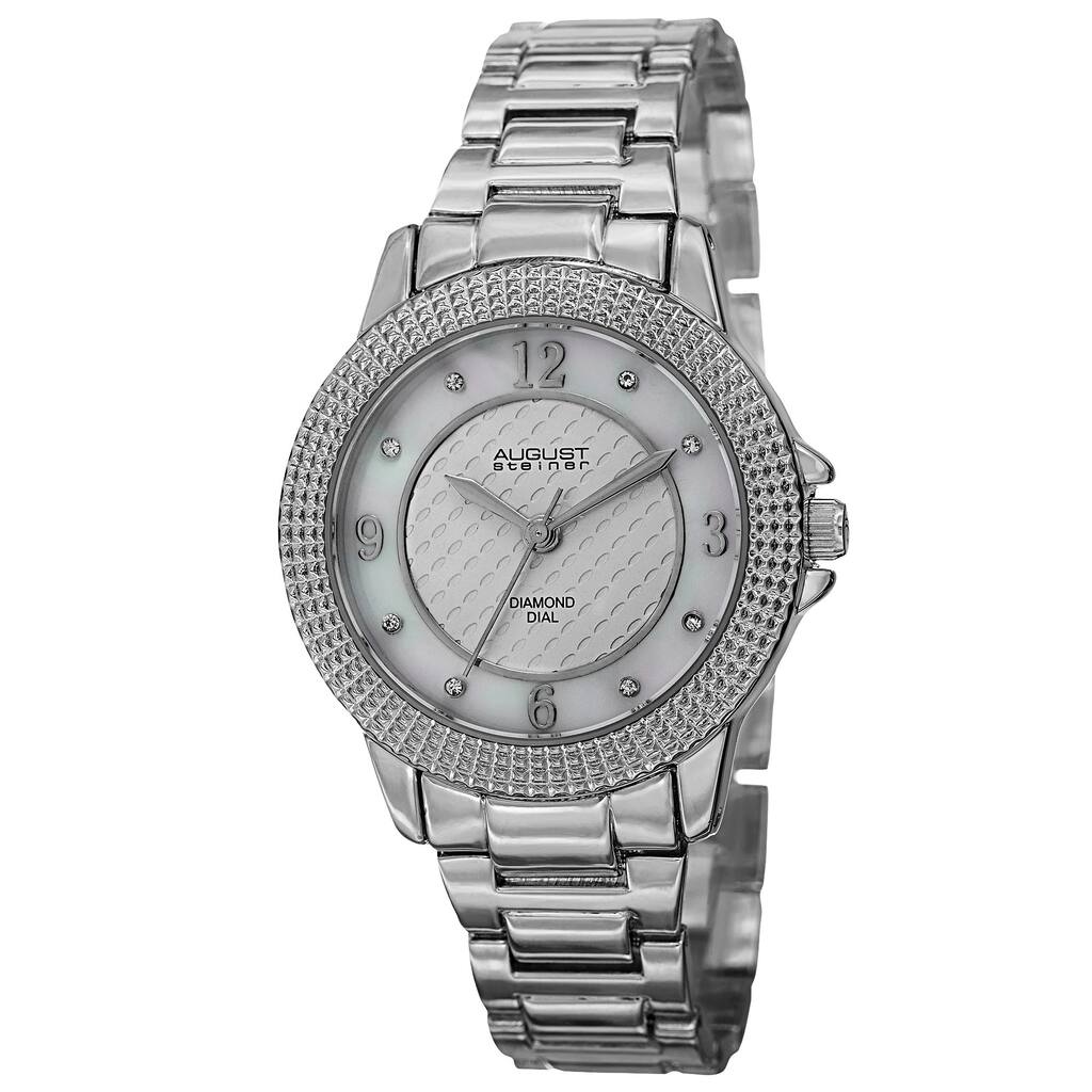 August Steiner Women's Quartz Diamond Markers Dial Silver-Tone Bracelet Watch