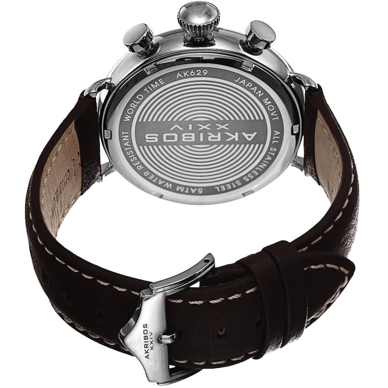 Akribos XXIV Men's World-Time Alarm Leather White Strap Watch