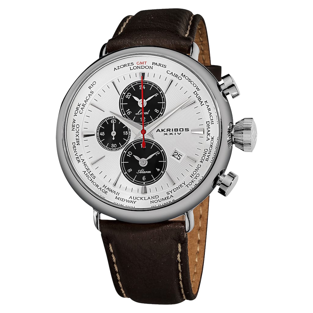 Akribos XXIV Men's World-Time Alarm Leather White Strap Watch