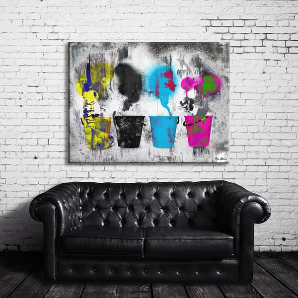 Designart Dark Blue Multicolor Stain - 3 Piece Graphic Art on Wrapped Canvas Set