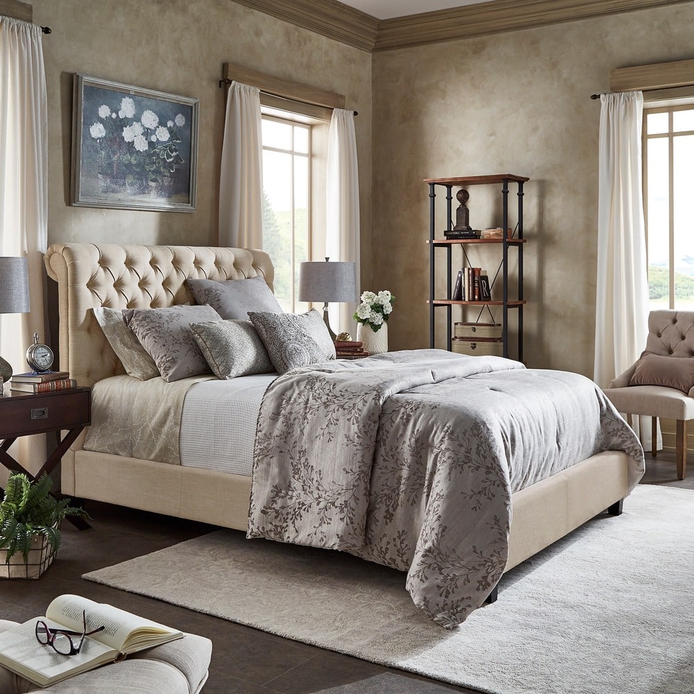 Knightsbridge Beige Linen Rolled Top Tufted Chesterfield Platform Bed by iNSPIRE Q Artisan