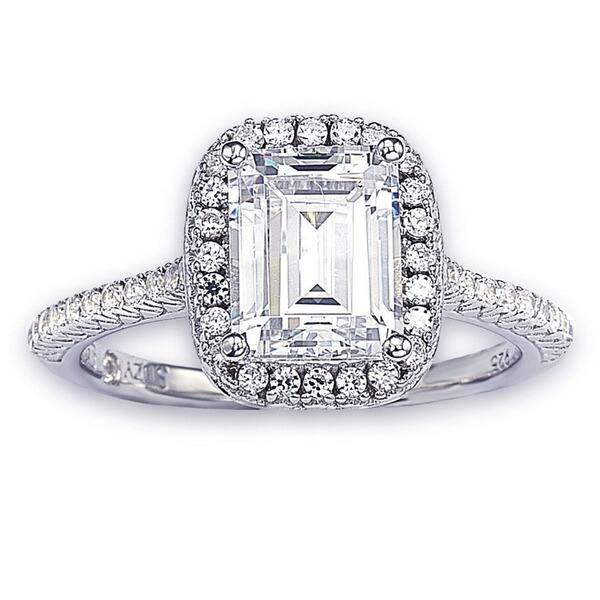 slide 1 of 7, Suzy Levian Bridal Sterling Silver Asscher-cut White Cubic Zirconia Halo Engagement Ring 5