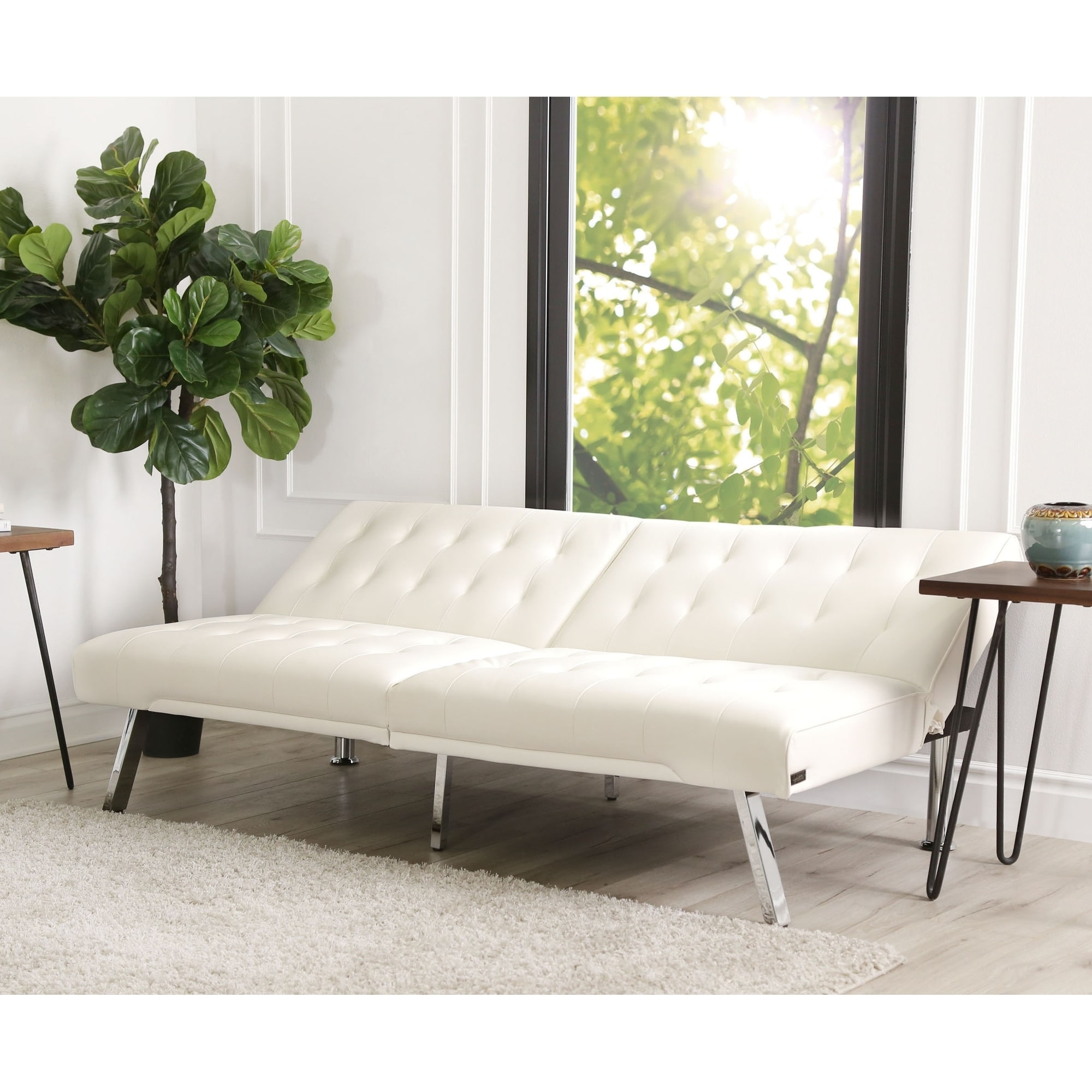 Abbyson Jackson Ivory Leather Foldable Futon Sofa Bed