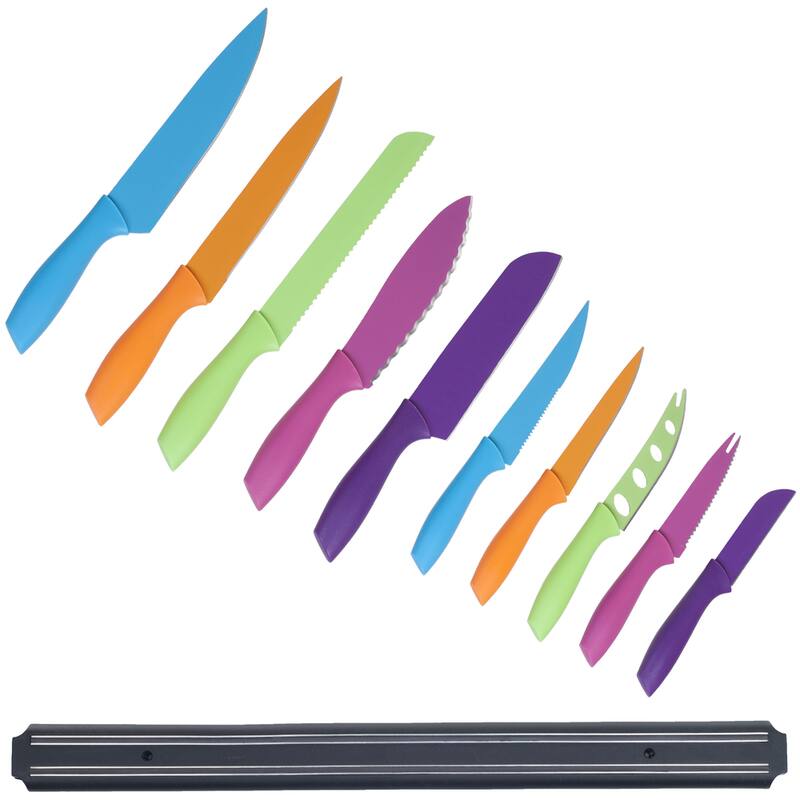 Knife Set - Colorful 10-Piece Stainless-Steel Cutting Knives with 21.5-Inch-Long Magnetic Knife Holder by Whetsone