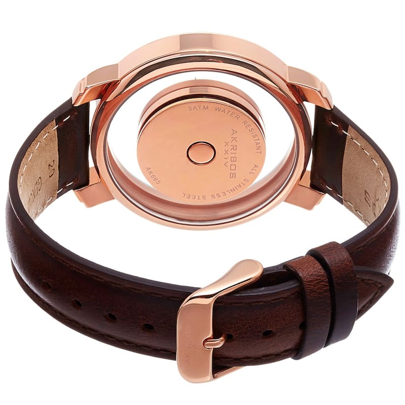 Akribos XXIV Men's Swiss Quartz Retro Style Transparent Dial Leather Rose-Tone Strap Watch