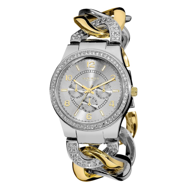 Akribos XXIV Women's Quartz Multifunction Crystal Accented Twist Chain Two-Tone Watch